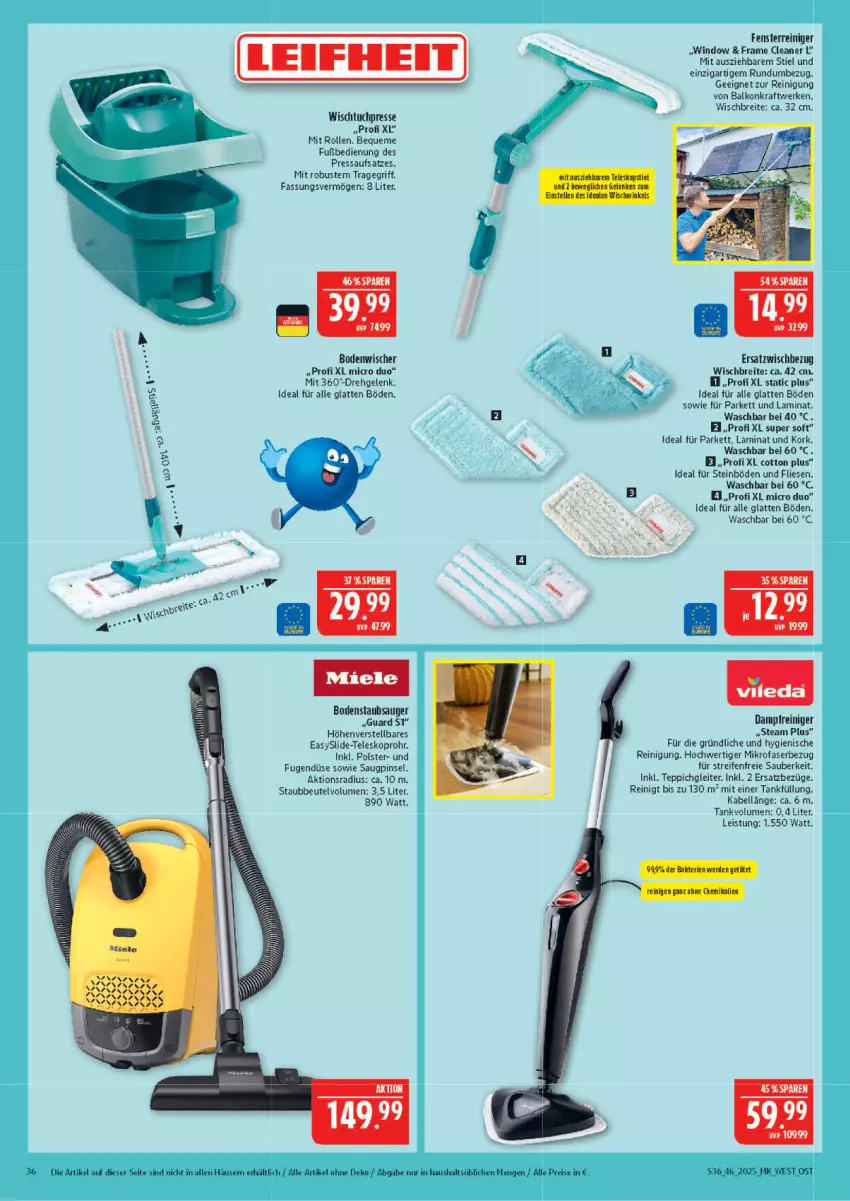 Aktueller Prospekt Marktkauf - Prospekt - von 09.11 bis 15.11.2025 - strona 36 - produkty: beutel, bodenstaubsauger, bodenwischer, Brei, dampfreiniger, eis, HP, kraft, laminat, latte, leifheit, mikrofaser, Pinsel, reifen, reiniger, Reinigung, reis, staubbeutel, staubsauger, Teleskop, teppich, Ti, tragegriff, tuc, Wischtuchpresse