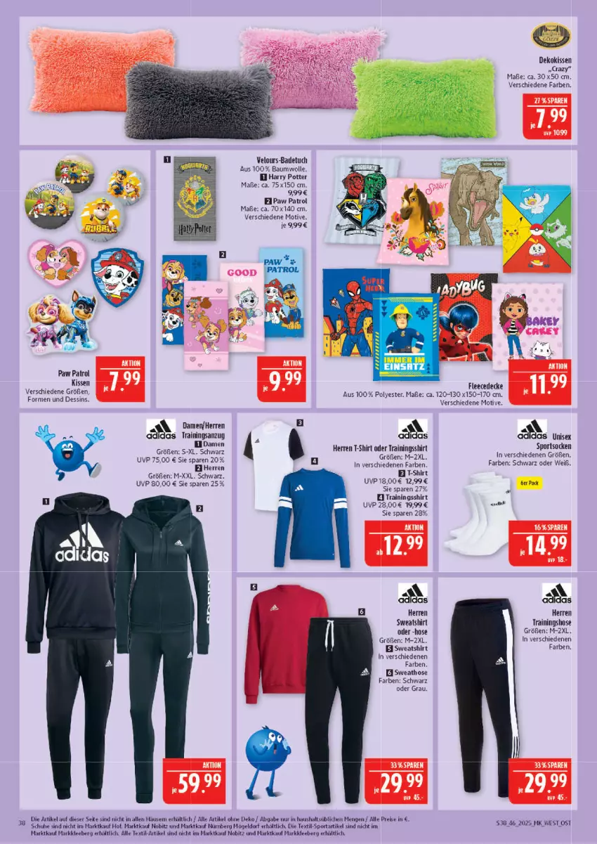 Aktueller Prospekt Marktkauf - Prospekt - von 09.11 bis 15.11.2025 - strona 38 - produkty: Anzug, Bad, badetuch, Bau, baumwolle, decke, dekokissen, eis, fleecedecke, hose, kissen, Paw Patrol, reis, schuhe, shirt, socken, Sport, sportsocken, Sweathose, Sweatshirt, T-Shirt, Ti, trainingsanzug, Trainingshose, tuc, wolle