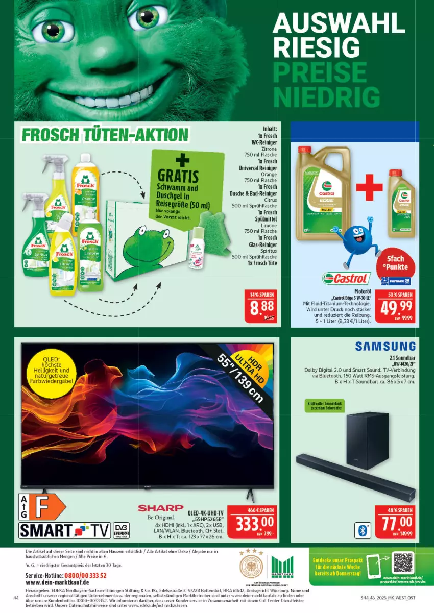 Aktueller Prospekt Marktkauf - Prospekt - von 09.11 bis 15.11.2025 - strona 44 - produkty: Astra, aust, Bad, Bad-Reiniger, citrus, deka, dusche, duschgel, eis, elle, ente, flasche, Frosch, gin, HDMI, HP, limo, natur, orange, qled, reiniger, reis, ring, sac, Samsung, Sharp, soundbar, spiritus, sprühflasche, spülmittel, Ti, Tüte, usb, wc-reiniger, wolle, zitrone, ZTE
