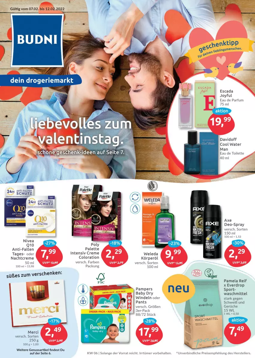 Aktueller Prospekt Budni - Prospekte - von 07.02 bis 12.02.2022 - strona 1 - produkty: axe, creme, davidoff, Eau de parfum, eau de toilette, eis, elle, Escada, merci, nachtcreme, nivea, nuss, Palette, pampers, Pants, parfum, Q10, reis, Sport, teller, Ti, waschmittel, weleda, windeln