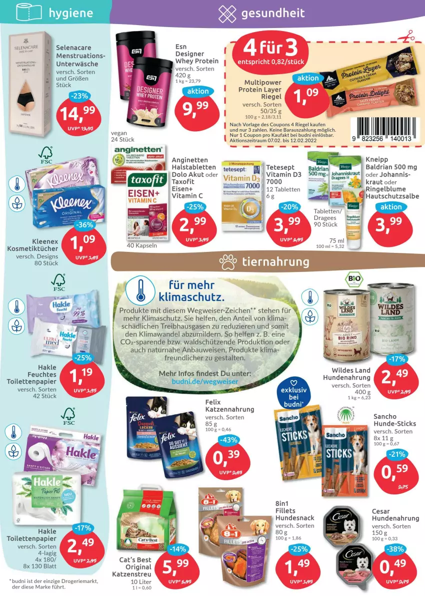 Aktueller Prospekt Budni - Prospekte - von 07.02 bis 12.02.2022 - strona 5 - produkty: Bau, bio, blume, coupon, coupons, eis, felix, feuchtes toilettenpapier, gin, hakle, hundenahrung, hundesnack, katzennahrung, Katzenstreu, kneipp, kosmetik, Kosmetiktücher, Kraut, natur, papier, Ria, riegel, rind, ring, Schütze, snack, tablet, tablett, Tablette, Taxofit, Ti, toilettenpapier, tücher, Unterwäsche, vita, Vitamin C, Vitamin D, Wild