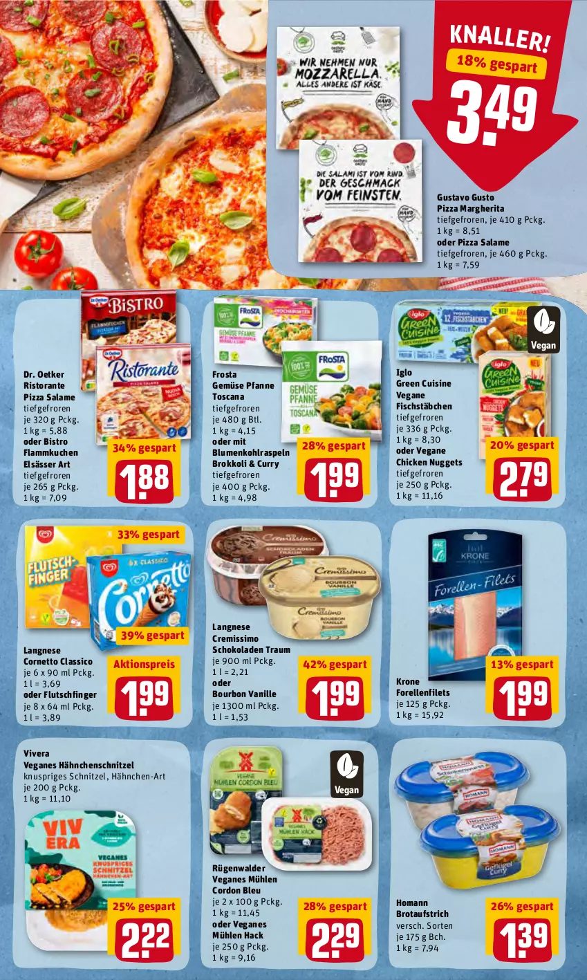 Aktueller Prospekt Rewe - Diese Woche im Angebot! - von 16.05 bis 21.05.2022 - strona 11 - produkty: aktionspreis, aufstrich, blume, blumen, blumenkohl, bourbon, bourbon vanille, brokkoli, brot, brotaufstrich, chicken nuggets, classico, cordon bleu, cornetto, cremissimo, curry, Dr. Oetker, eis, elle, elsässer art, filet, filets, fisch, fischstäbchen, flammkuchen, forelle, frosta, Hähnchenschnitzel, homann, iglo, krone, kuchen, lamm, langnese, langnese cremissimo, margherita, nuggets, pfanne, pizza, pizza salame, reis, rel, ristorante, ristorante pizza, rügenwalder, schnitzel, schoko, schokolade, schokoladen, sim, Ti, vanille