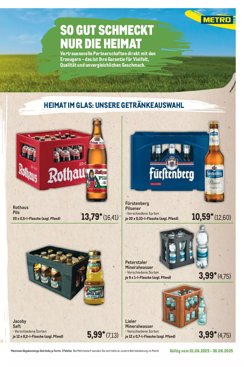 Aktueller Prospekt Metro - Regionaler Flyer - von 01.06 bis 30.06.2025 - strona 115 - produkty: Alwa, flasche, Fürstenberg, getränk, getränke, mac, mineralwasser, Palette, pils, pilsener, saft, Ti, wasser