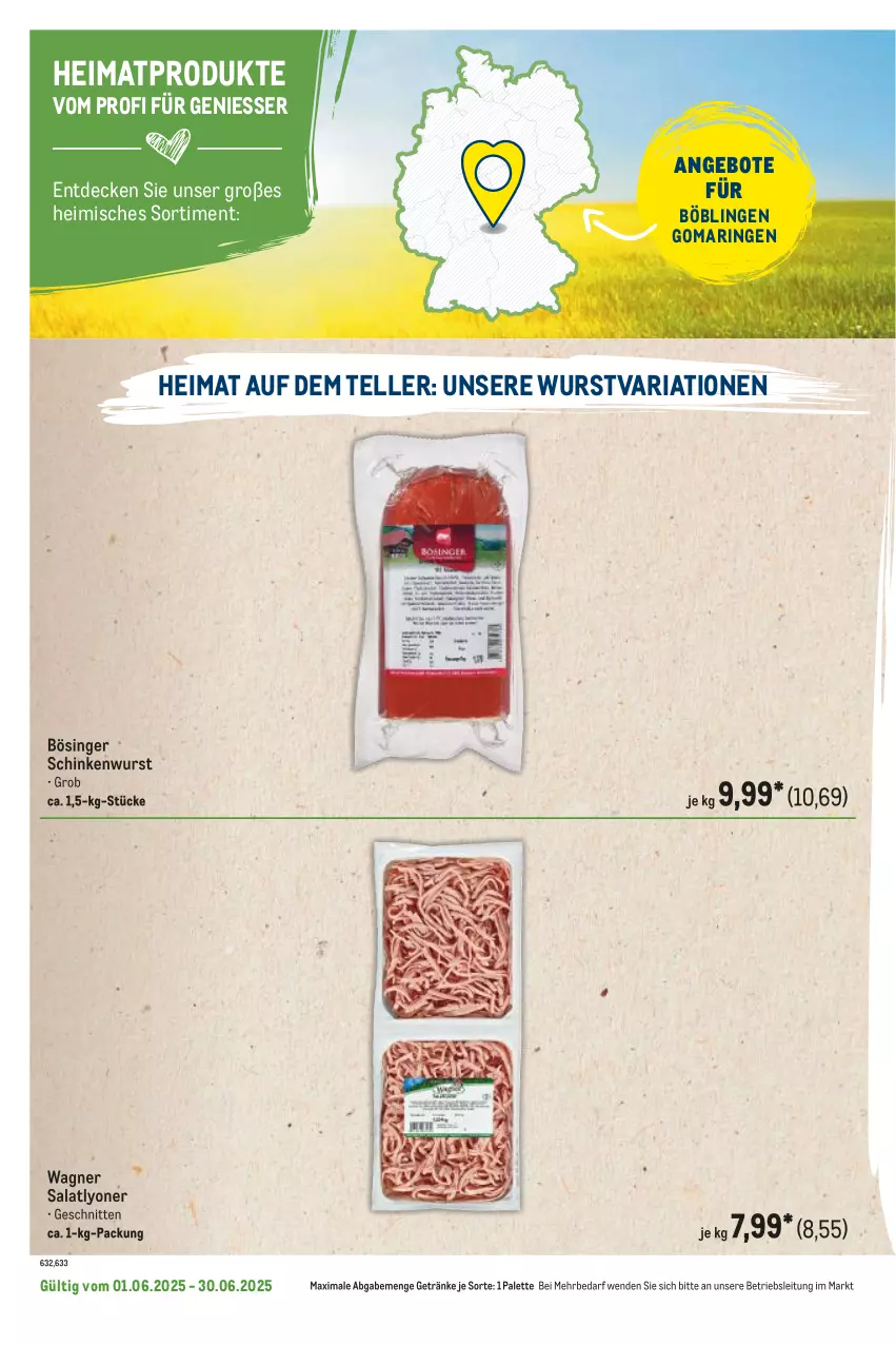 Aktueller Prospekt Metro - Regionaler Flyer - von 01.06 bis 30.06.2025 - strona 126 - produkty: angebot, angebote, decke, elle, getränk, getränke, lyoner, Palette, Ria, ring, salat, schinken, schinkenwurst, schnitten, teller, Ti, wagner, wurst, Yo