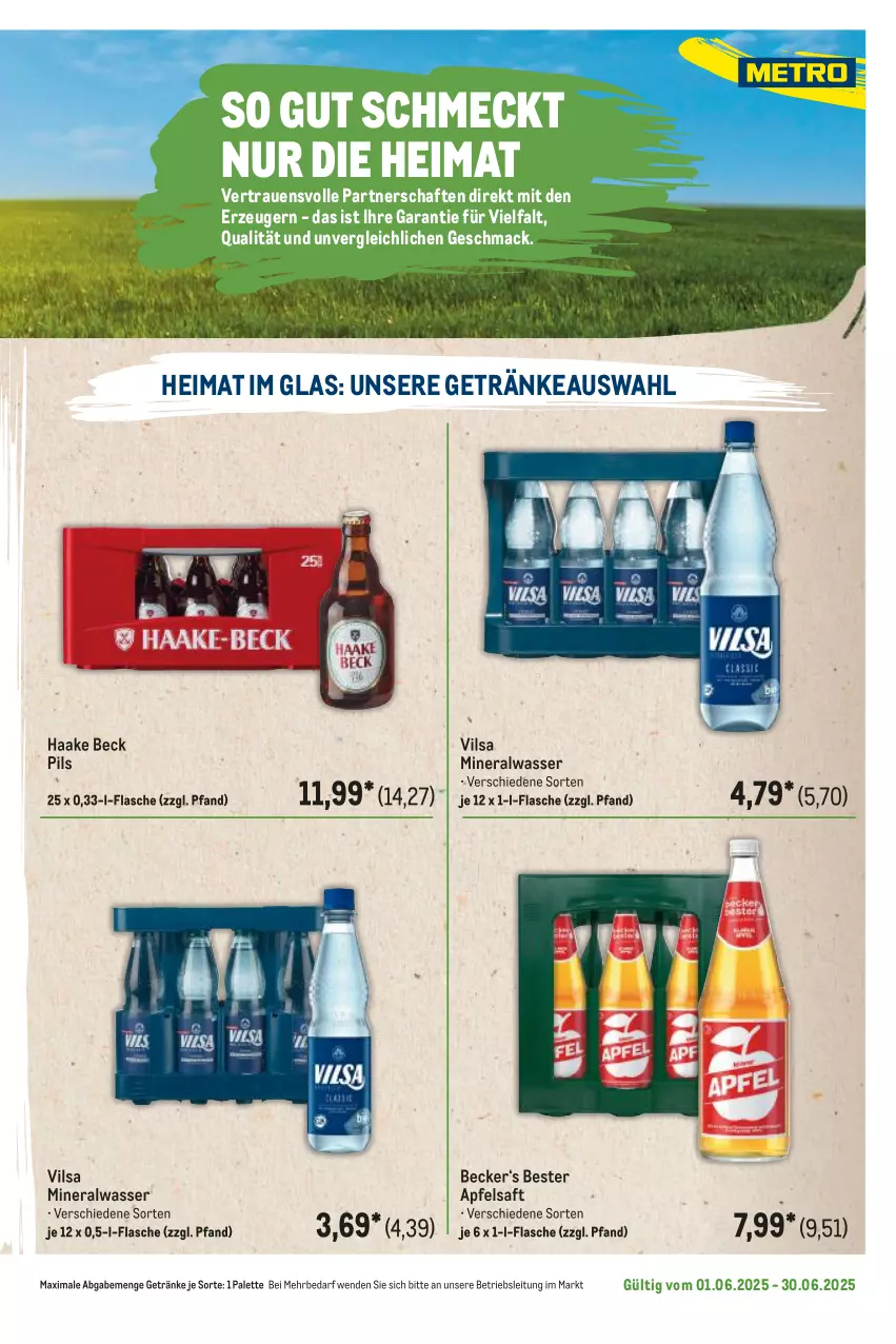Aktueller Prospekt Metro - Regionaler Flyer - von 01.06 bis 30.06.2025 - strona 13 - produkty: Alwa, apfel, apfelsaft, flasche, getränk, getränke, mac, mineralwasser, Palette, pils, saft, Ti, vilsa, wasser