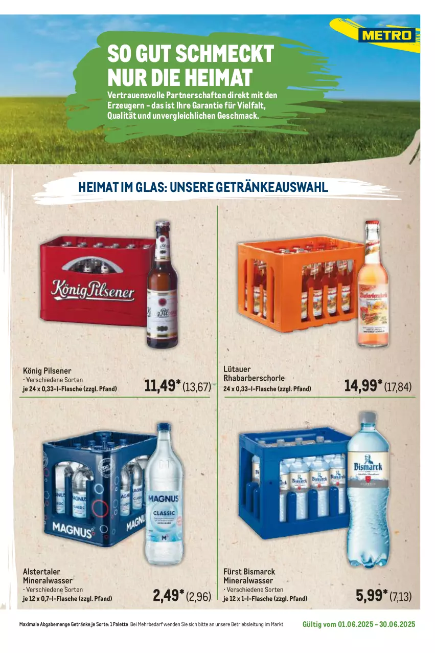 Aktueller Prospekt Metro - Regionaler Flyer - von 01.06 bis 30.06.2025 - strona 27 - produkty: Alwa, auer, bismarck, flasche, getränk, getränke, könig pilsener, mac, mineralwasser, Palette, pils, pilsener, rhabarber, schorle, Ti, wasser