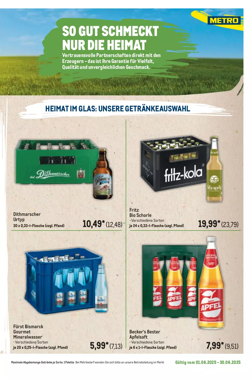 Aktueller Prospekt Metro - Regionaler Flyer - von 01.06 bis 30.06.2025 - strona 31 - produkty: Alwa, apfel, apfelsaft, bio, bismarck, flasche, fritz, getränk, getränke, mac, mars, mineralwasser, Palette, saft, schorle, Ti, urtyp, wasser