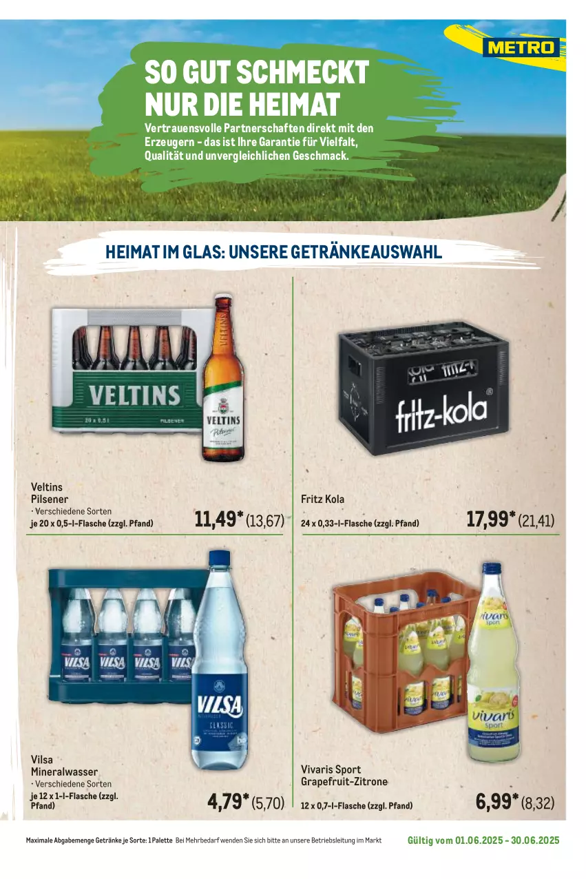 Aktueller Prospekt Metro - Regionaler Flyer - von 01.06 bis 30.06.2025 - strona 33 - produkty: Alwa, flasche, fritz, getränk, getränke, grapefruit, mac, mineralwasser, Palette, pils, pilsener, Sport, Ti, veltins, veltins pilsener, vilsa, Vivaris, wasser, zitrone