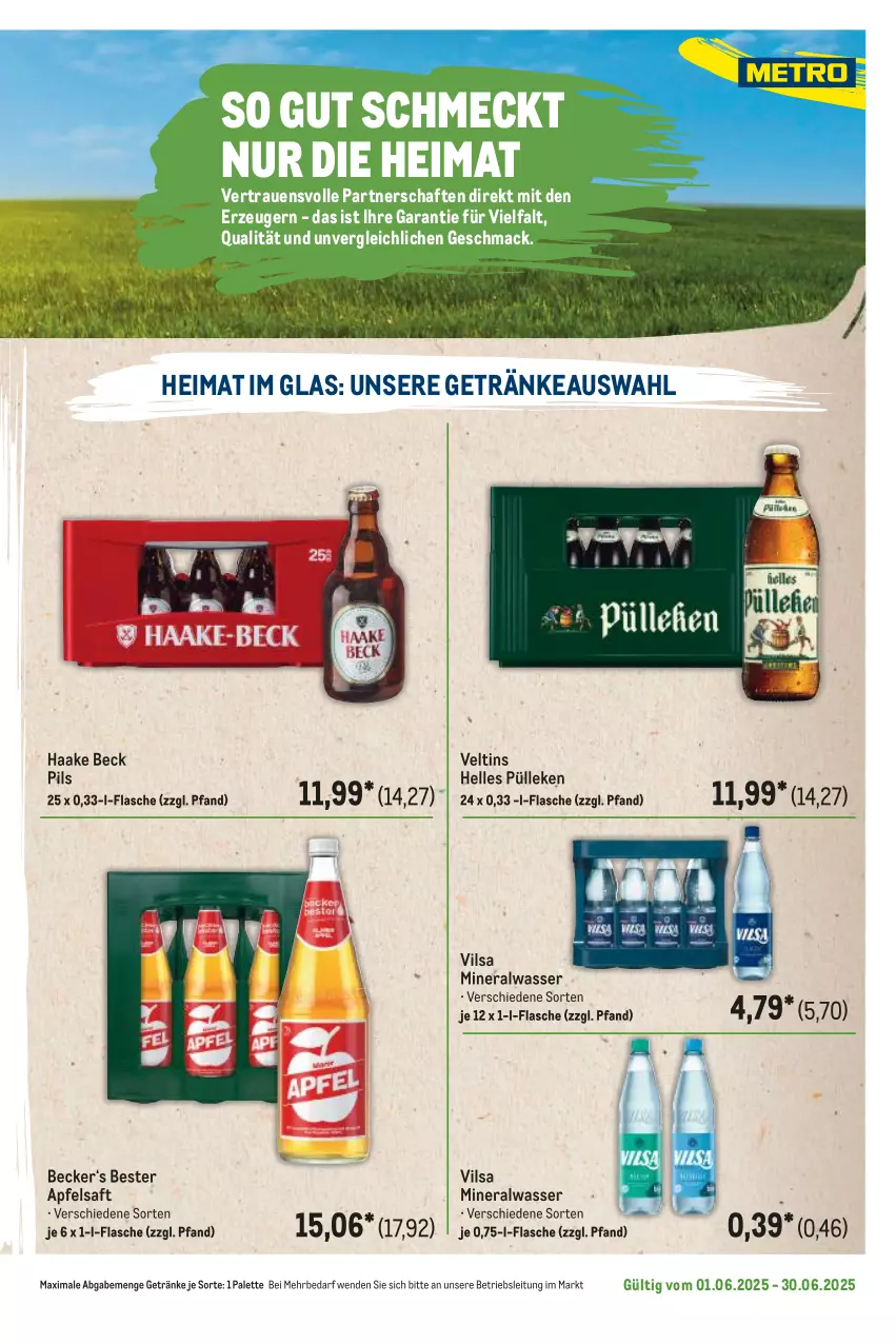 Aktueller Prospekt Metro - Regionaler Flyer - von 01.06 bis 30.06.2025 - strona 43 - produkty: Alwa, apfel, apfelsaft, elle, flasche, getränk, getränke, mac, mineralwasser, Palette, pils, saft, Ti, veltins, vilsa, wasser