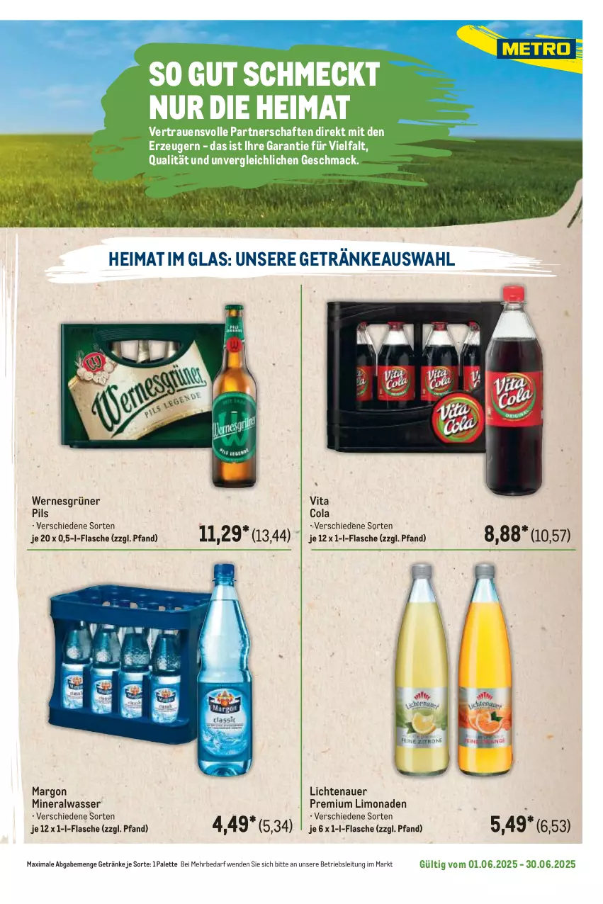 Aktueller Prospekt Metro - Regionaler Flyer - von 01.06 bis 30.06.2025 - strona 85 - produkty: Alwa, auer, cola, flasche, getränk, getränke, lichtenauer, limo, limonade, limonaden, mac, mineralwasser, Palette, pils, Ti, vita, Vita C, wasser