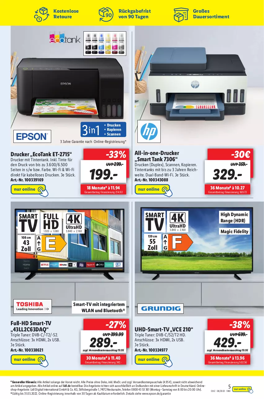 Aktueller Prospekt Lidl - Wochen-Highlights im Onlineshop - von 21.02 bis 27.02.2022 - strona 5 - produkty: angebot, angebote, auer, drucker, dvb, eis, elle, epson, HDMI, ndk, reis, rel, Schal, Schale, telefon, Ti, tuner, uhd, uhr, usb