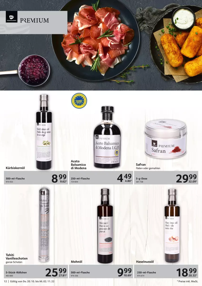 Aktueller Prospekt Selgros - Gastronomie - von 20.10 bis 02.11.2022 - strona 12 - produkty: aceto, aceto balsamico, balsam, balsamico, eis, flasche, haselnuss, Kürbis, Kürbiskernöl, Mode, nuss, reis, Safran, Ti, vanille