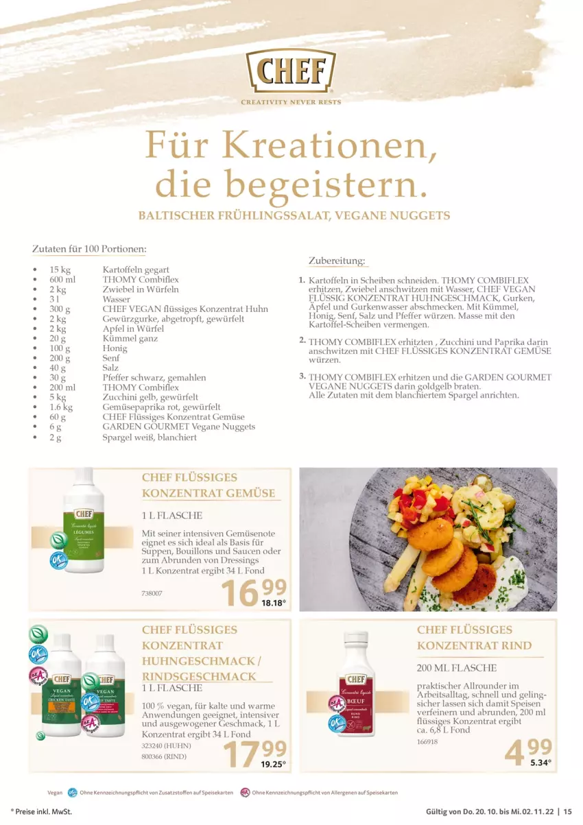 Aktueller Prospekt Selgros - Gastronomie - von 20.10 bis 02.11.2022 - strona 15 - produkty: Anrichte, apfel, braten, dressing, eis, flasche, garden gourmet, gewürz, Gewürzgurke, gurke, gurken, honig, kartoffel, kartoffeln, mac, nuggets, paprika, paprika rot, pfeffer, reis, rind, salat, salz, sauce, saucen, senf, spargel, suppe, suppen, thomy, Ti, tisch, wasser, würfel, ZTE, zucchini, zwiebel