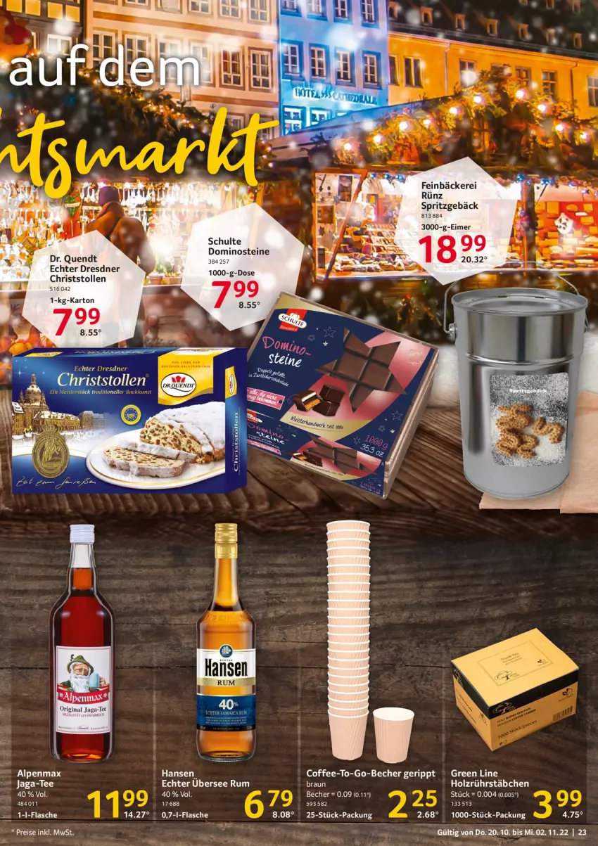 Aktueller Prospekt Selgros - Gastronomie - von 20.10 bis 02.11.2022 - strona 23 - produkty: Becher, braun, Dominosteine, flasche, gin, Holz, rum, Spritzgebäck, Stollen, tee, Ti