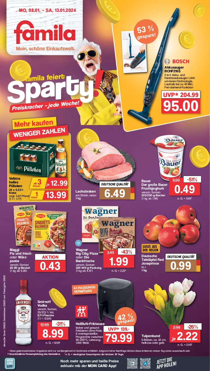 Aktueller Prospekt Famila - Prospekte - von 08.01 bis 13.01.2024 - strona 1 - produkty: akku, angebot, angebote, auer, Bau, Bauer, Becher, beutel, Blüte, braten, eis, elle, flasche, fritteuse, frucht, fruchtjoghurt, handstaubsauger, joghur, joghurt, kracher, lachs, Lachsbraten, maggi, maggi fix, natur, pizza, reis, smirnoff, staubsauger, tafeläpfel, teller, Ti, Tiere, veltins, vodka, wagner, ZTE