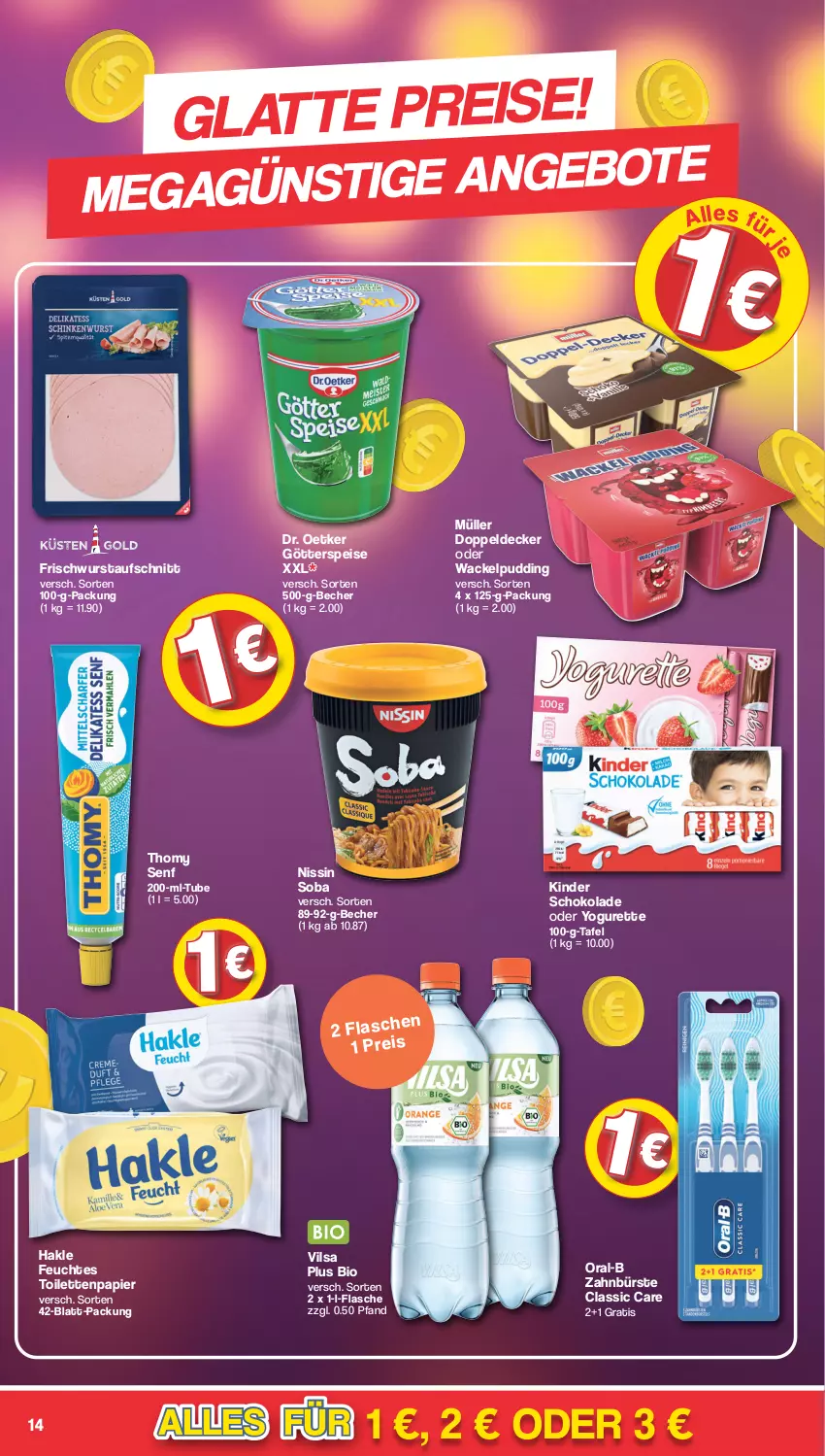 Aktueller Prospekt Famila - Prospekte - von 08.01 bis 13.01.2024 - strona 14 - produkty: aufschnitt, Becher, bio, bürste, decke, Dr. Oetker, eis, feuchtes toilettenpapier, flasche, götterspeise, hakle, Kinder, kinder schokolade, latte, Müller, Nissin, oder yogurette, oral-b, papier, pudding, reis, schoko, schokolade, senf, thomy, Ti, toilettenpapier, vilsa, wurst, Yo, yogurette, zahnbürste