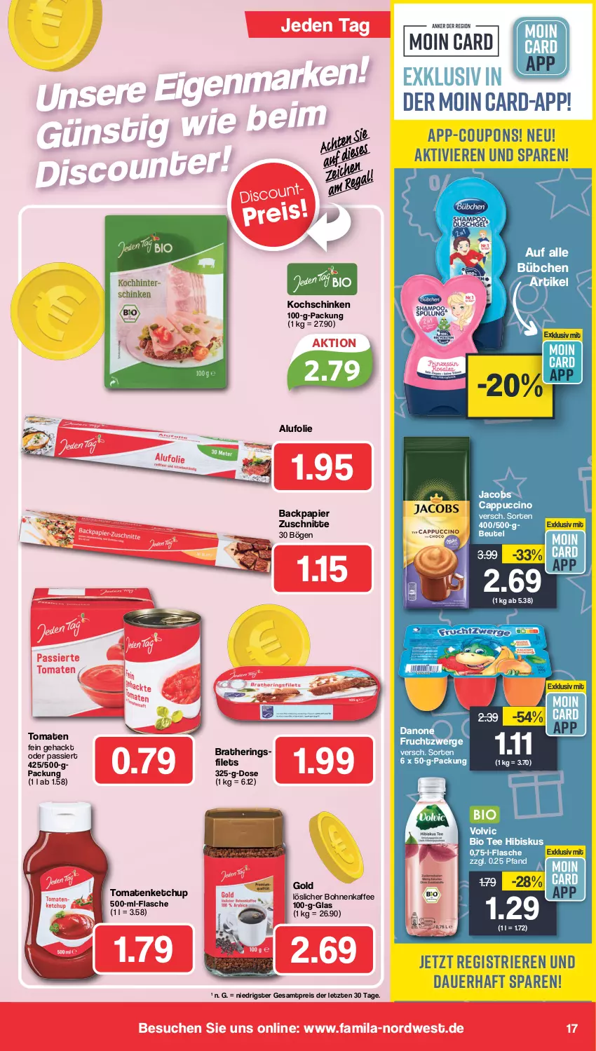 Aktueller Prospekt Famila - Prospekte - von 08.01 bis 13.01.2024 - strona 17 - produkty: auer, beutel, bio, bohne, bohnen, bohnenkaffee, bübchen, Cap, cappuccino, cin, coupon, coupons, danone, danone fruchtzwerge, discount, eis, filet, filets, flasche, frucht, fruchtzwerge, hering, Herings, heringsfilets, jacobs, kaffee, ketchup, kochschinken, löslicher bohnenkaffee, papier, reis, ring, schinken, tee, Ti, tomate, tomaten, tomatenketchup, volvic, ZTE