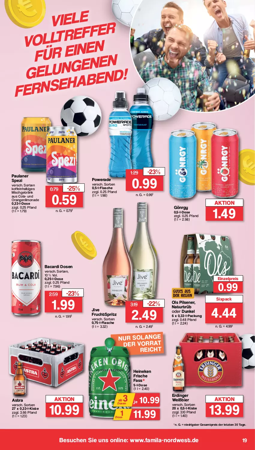 Aktueller Prospekt Famila - Prospekte - von 08.01 bis 13.01.2024 - strona 19 - produkty: Astra, bacardi, bier, cola, eis, erdinger, flasche, frucht, getränk, heineken, limo, limonade, natur, orange, orangen, Paula, paulaner, pils, pilsener, reis, Spezi, Ti, ZTE