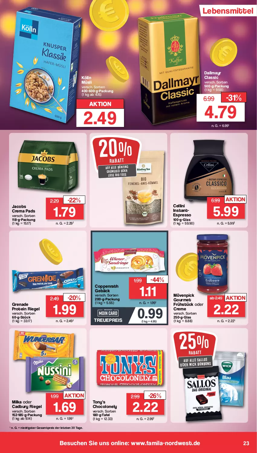 Aktueller Prospekt Famila - Prospekte - von 08.01 bis 13.01.2024 - strona 23 - produkty: bio, bonbons, coppenrath, Coppenrath Gebäck, crema pads, creme, dallmayr, eis, espresso, jacobs, Jacobs Crema, kölln, lebensmittel, milka, mövenpick, müsli, reis, riegel, tee, Ti, WICK, ZTE