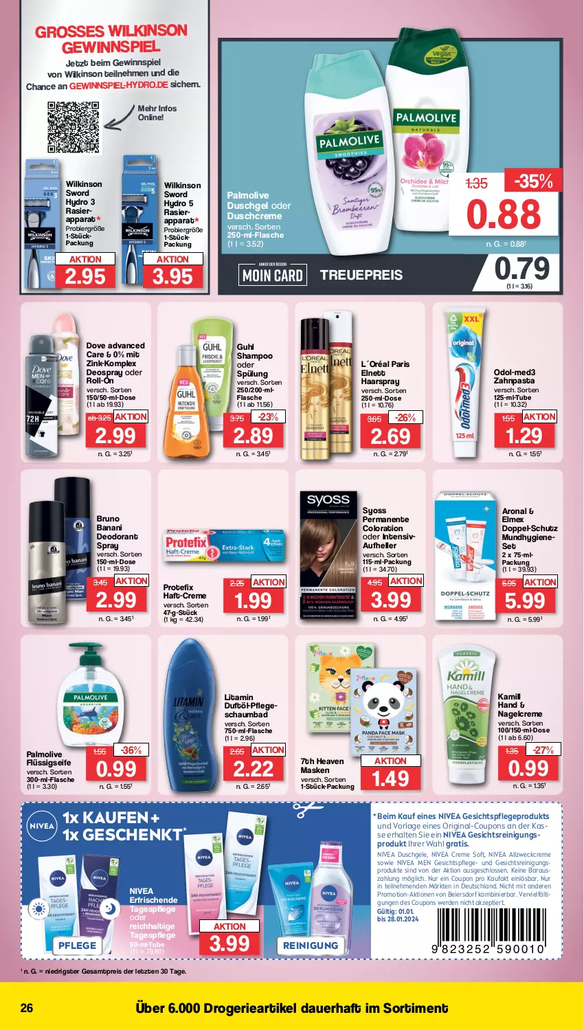 Aktueller Prospekt Famila - Prospekte - von 08.01 bis 13.01.2024 - strona 26 - produkty: auer, Bad, bier, bruno banani, coupon, coupons, creme, deo, deodorant, deospray, dove, duschcreme, duschgel, eier, eis, elle, elmex, elnett, ente, erde, flasche, flüssigseife, gesichtspflege, gewinnspiel, gin, Guhl, haarspray, Kamill, L´Oréal, Maske, Mundhygiene, nivea, Nivea Men, Odol, olive, palmolive, pasta, Reinigung, reis, roll-on, schaumbad, Seife, shampoo, shampoo oder spülung, spülung, syoss, Tagespflege, Ti, weck, wilkinson, Yo, zahnpasta, ZTE