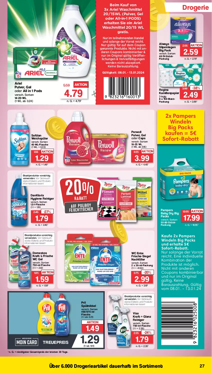 Aktueller Prospekt Famila - Prospekte - von 08.01 bis 13.01.2024 - strona 27 - produkty: Alwa, Always, ariel, ariel waschmittel, auer, bio, biozidprodukte, Cap, coupon, coupons, danklorix, domestos, eis, elle, ente, erde, feuchttücher, flasche, gin, Kamill, kamille, kraft, pampers, pampers baby dry, papier, perwoll, Pods, pril, Rauch, reiniger, reis, rwe, slip, slipeinlagen, sofort-rabatt, Softlan, spülmittel, Ti, tücher, waschmittel, wc ente, weichspüler, windeln, ZTE