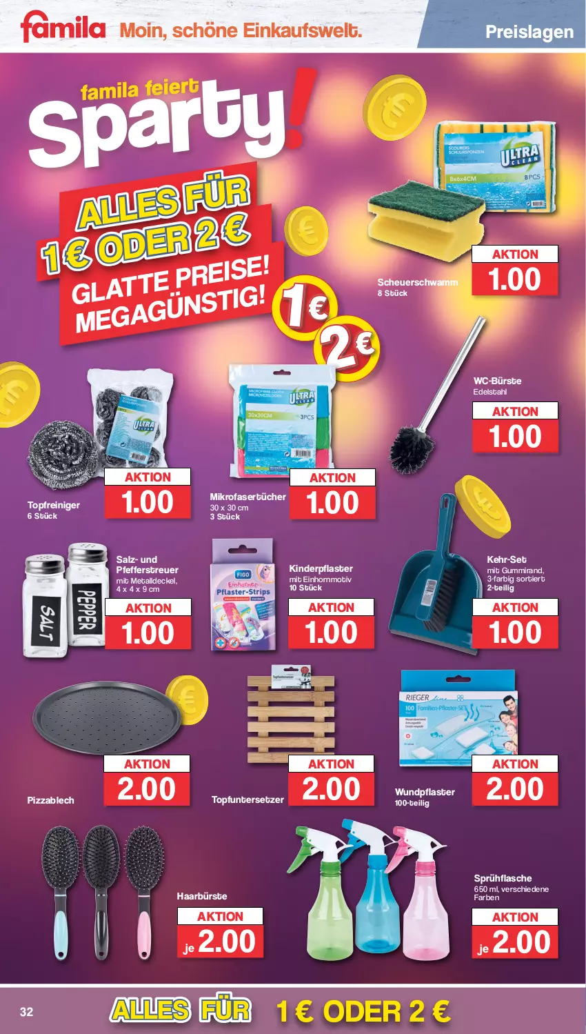 Aktueller Prospekt Famila - Prospekte - von 08.01 bis 13.01.2024 - strona 32 - produkty: bürste, decke, Deckel, edelstahl, eis, flasche, Heu, Kinder, mikrofaser, Mikrofasertücher, pfeffer, Pfefferstreuer, pflaster, pizza, reiniger, reis, salz, schwamm, sprühflasche, Ti, topf, Topfuntersetzer, tücher, Untersetzer, WC-Bürste