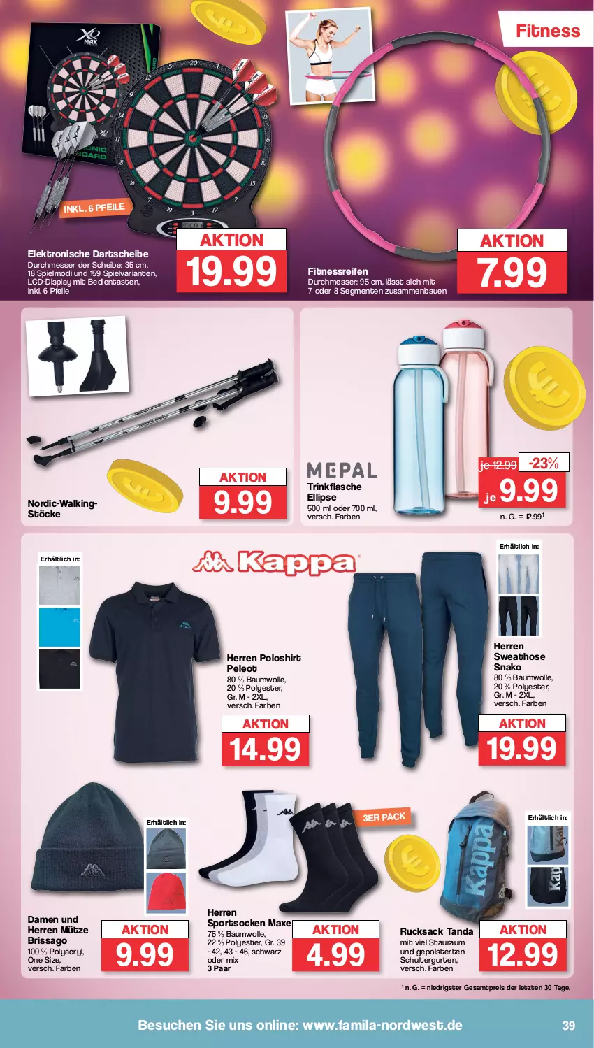 Aktueller Prospekt Famila - Prospekte - von 08.01 bis 13.01.2024 - strona 39 - produkty: axe, Bau, baumwolle, eis, Elektro, ente, flasche, herren poloshirt, hose, messer, Mütze, poloshirt, reifen, reis, Ria, rucksack, sac, schultergurt, shirt, socken, Sport, sportsocken, Sweathose, Ti, trinkflasche, wolle, ZTE