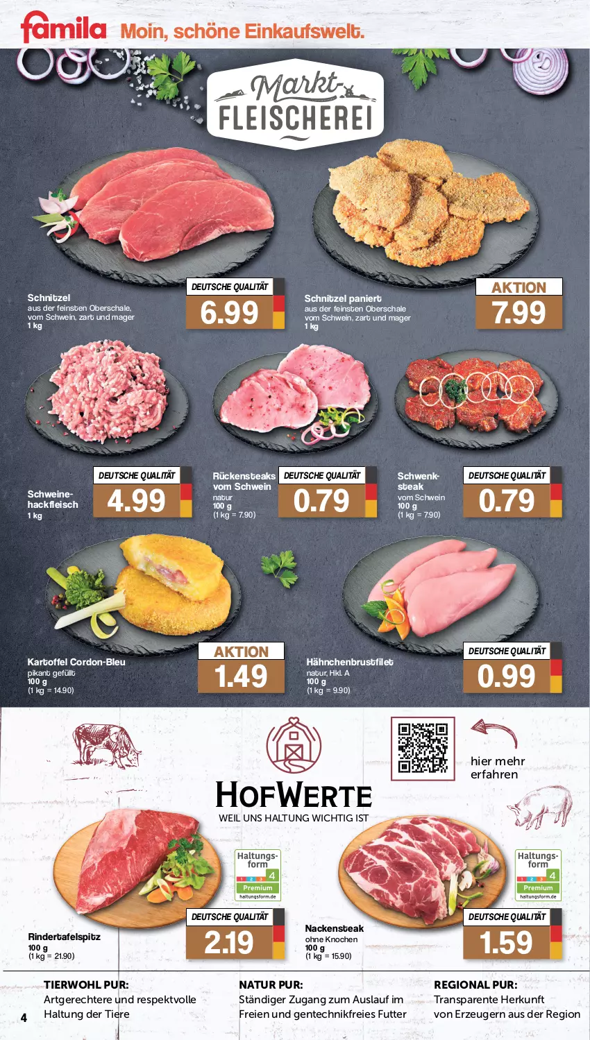 Aktueller Prospekt Famila - Prospekte - von 08.01 bis 13.01.2024 - strona 4 - produkty: brustfilet, eis, ente, filet, fleisch, hackfleisch, hähnchenbrust, hähnchenbrustfilet, kartoffel, Nackensteak, natur, rind, rinder, Rückensteak, rückensteaks, Schal, Schale, schnitzel, schwein, schweine, Schweinehackfleisch, steak, steaks, tafelspitz, Ti, Tiere, wein, weine