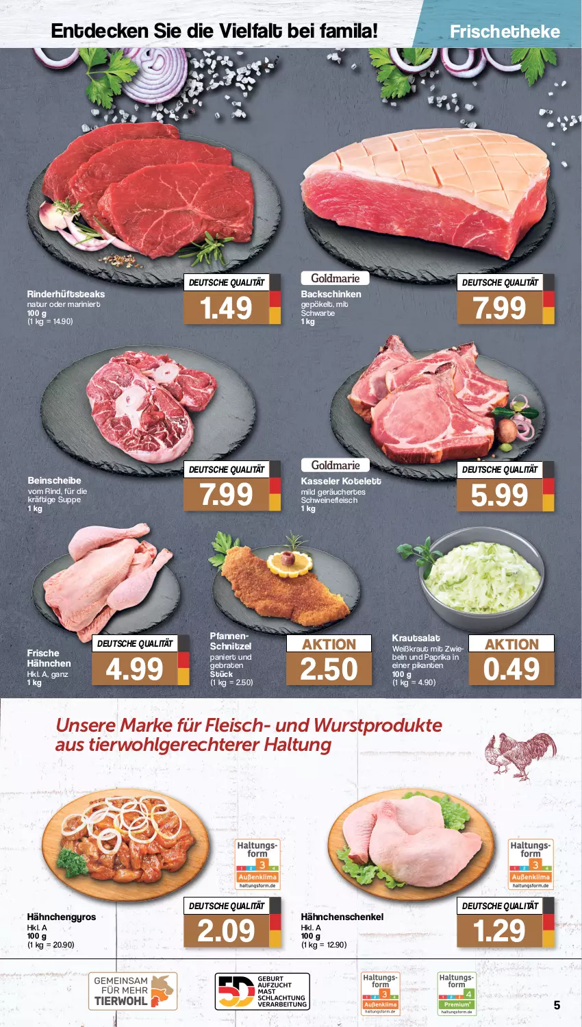 Aktueller Prospekt Famila - Prospekte - von 08.01 bis 13.01.2024 - strona 5 - produkty: braten, decke, eis, fleisch, Frische Hähnchen, gyros, Hähnchengyros, hähnchenschenkel, henkel, hüftsteak, hüftsteaks, kasseler, kotelett, Kraut, krautsalat, LG, mit zwiebeln, natur, paprika, pfanne, pfannen, rind, rinder, salat, schenkel, schinken, schnitzel, schwein, schweine, schweinefleisch, steak, steaks, suppe, Ti, wein, weine, wurst, zwiebel, zwiebeln