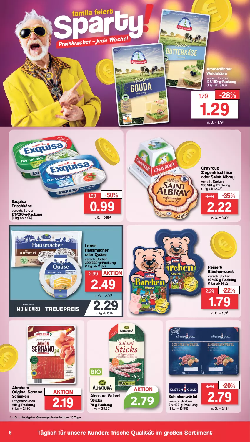 Aktueller Prospekt Famila - Prospekte - von 08.01 bis 13.01.2024 - strona 8 - produkty: albray, ammerländer, chavroux, eis, exquisa, exquisa frischkäse, frischkäse, gin, Hausmacher, Käse, kracher, Loose, mac, merl, natur, natura, quäse, reinert, reis, saint albray, salami, schinken, serrano, Ti, würfel, wurst, ZTE