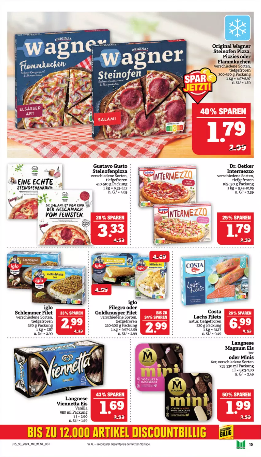 Aktueller Prospekt Marktkauf - Prospekt - von 21.07 bis 27.07.2024 - strona 15 - produkty: discount, Dr. Oetker, eis, filegro, filet, filets, flammkuchen, gin, iglo, intermezzo, kuchen, lachs, lamm, langnese, mac, magnum, natur, Ofen, original wagner, pizza, reis, rind, salami, steinofen, Ti, viennetta, wagner, ZTE