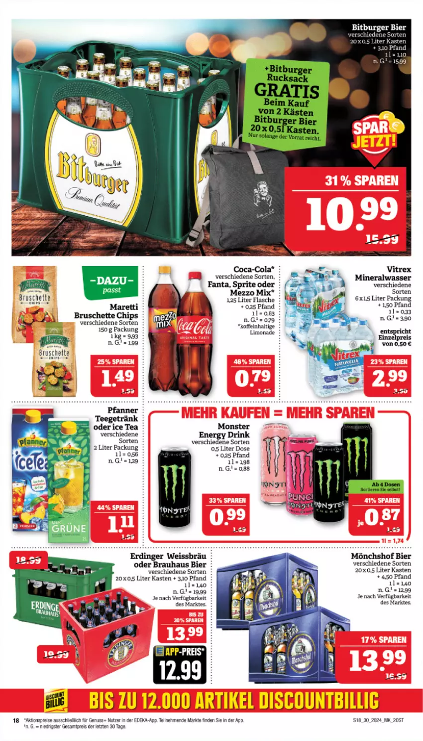 Aktueller Prospekt Marktkauf - Prospekt - von 21.07 bis 27.07.2024 - strona 18 - produkty: aktionspreis, Alwa, bier, Bruschette, chips, coca-cola, cola, deka, drink, eis, energy drink, erdinger, fanta, flasche, ice tea, LG, limo, limonade, Mezzo Mix, mineralwasser, mönchshof, monster, Monster Energy, nuss, reis, sprite, Ti, vitrex, wasser, ZTE