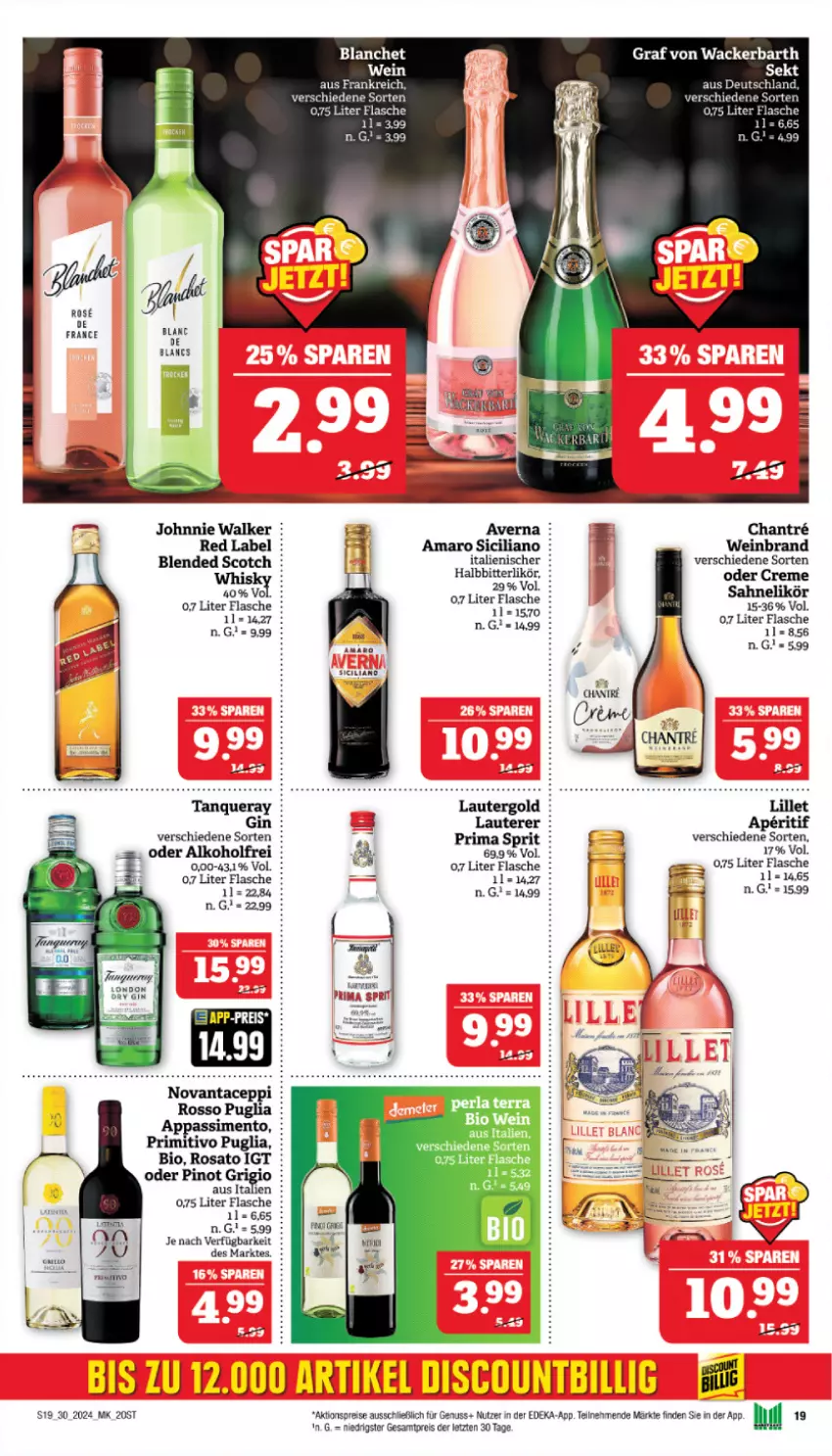 Aktueller Prospekt Marktkauf - Prospekt - von 21.07 bis 27.07.2024 - strona 19 - produkty: aktionspreis, alkohol, amaro, aperitif, averna, bio, blended scotch, creme, deka, eis, flasche, gin, johnnie walker, likör, lillet, nuss, Pinot, pinot grigio, primitivo, reis, rosato, sahne, scotch, sim, Tanqueray, Ti, wein, weinbrand, ZTE