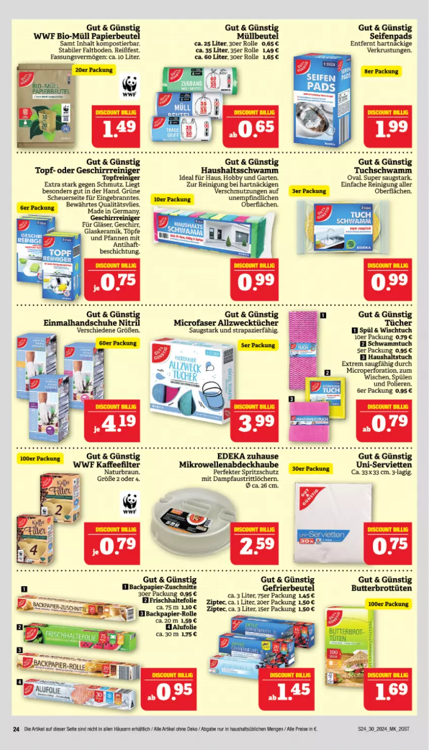 Aktueller Prospekt Marktkauf - Prospekt - von 21.07 bis 27.07.2024 - strona 24 - produkty: abdeckhaube, Allzwecktücher, aust, beutel, bio, braun, brot, butter, deka, eis, elle, Garten, Germ, geschirr, Gläser, glaskeramik, handschuhe, Heu, Hobby, kaffee, Maus, mikrowelle, müllbeutel, natur, papier, pfanne, pfannen, Pfau, Reinigung, reis, schuhe, schwamm, Schwammtuch, Serviette, servietten, Spritzschutz, Spülen, Stier, Ti, topf, tuc, tücher, Tüte, und pfanne, weck