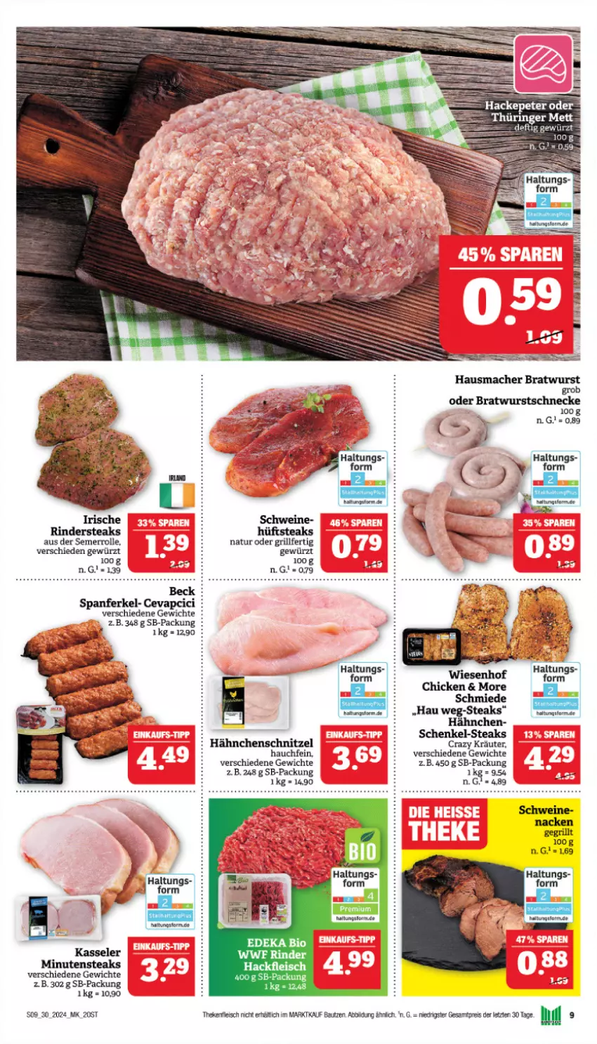 Aktueller Prospekt Marktkauf - Prospekt - von 21.07 bis 27.07.2024 - strona 9 - produkty: Bau, cevapcici, eis, fleisch, gewürz, grill, Hähnchenschnitzel, Hausmacher, henkel, kasseler, kräuter, mac, Mett, minutensteaks, natur, reis, rind, rinder, Rindersteak, schenkel, schnitzel, steak, steaks, Ti, wiesenhof, ZTE