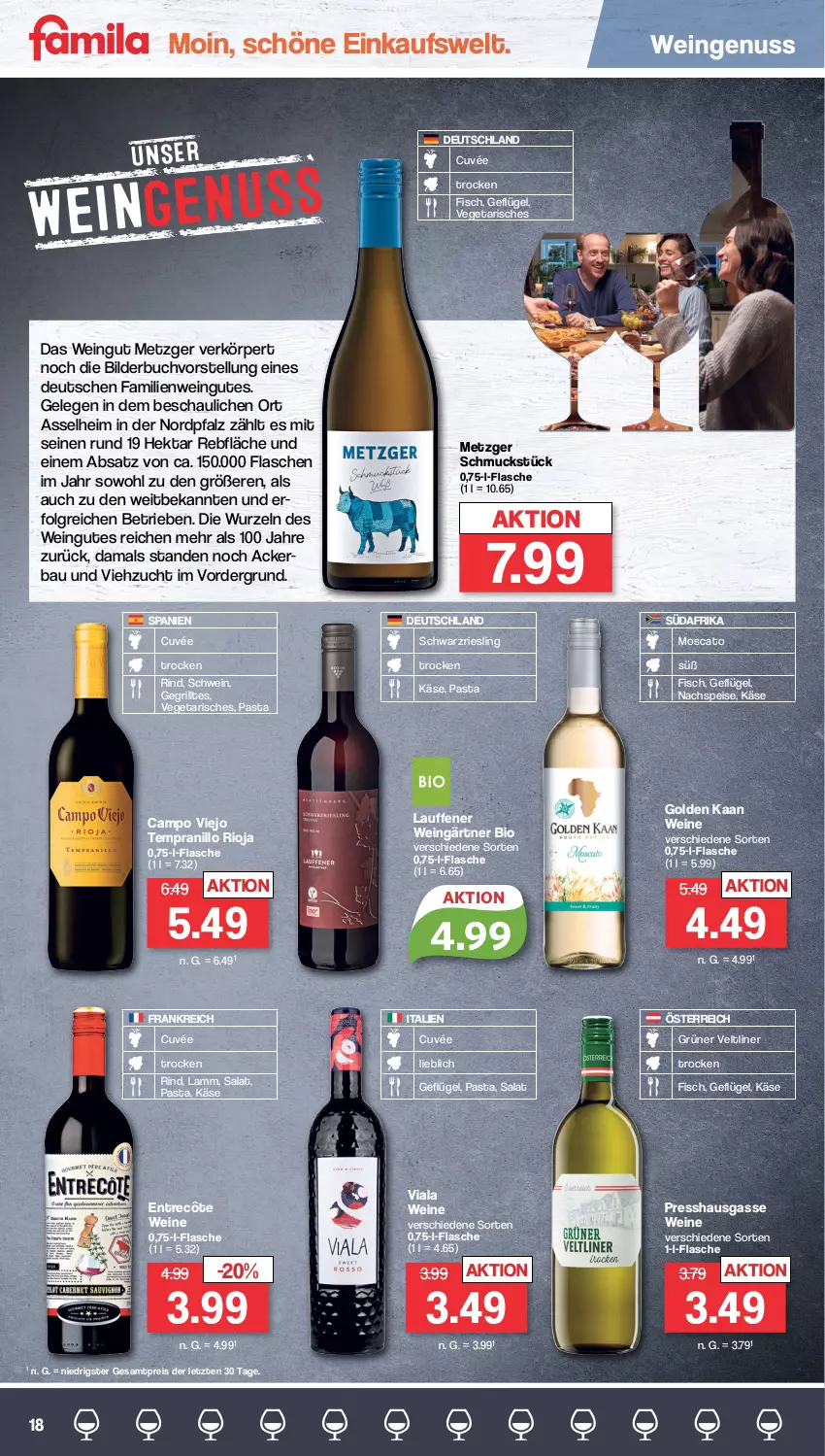 Aktueller Prospekt Famila - Prospekte - von 11.04 bis 15.04.2023 - strona 18 - produkty: Bau, bio, buch, campo viejo, cuvée, eis, entrecôte, fisch, flasche, Geflügel, grill, grüner veltliner, Käse, lamm, LG, nuss, pasta, reis, riesling, rind, rioja, salat, Schmuck, schwarzriesling, schwein, tempranillo, Ti, Vegeta, wein, weine, ZTE