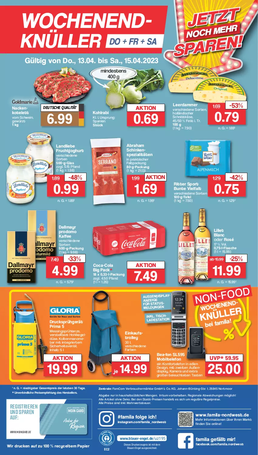 Aktueller Prospekt Famila - Prospekte - von 11.04 bis 15.04.2023 - strona 28 - produkty: auer, coca-cola, cola, dallmayr, dallmayr prodomo, drucker, eis, elle, Engel, flasche, frucht, fruchtjoghurt, gewürz, holländischer schnittkäse, joghur, joghurt, kaffee, kamera, Käse, kerze, kohlrabi, kotelett, landliebe, leerdammer, Leuchte, LG, lillet, ndk, papier, prodomo, Rauch, regal, reis, ritter, ritter sport, rwe, schinken, schnittkäse, schwein, Spezi, Sport, telefon, teller, Ti, tisch, trolley, wein, ZTE