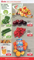 Gazetka promocyjna Famila - Prospekte - Gazetka - ważna od 15.04 do 15.04.2023 - strona 2 - produkty: beere, beeren, beutel, bio, bio gurken, feldsalat, gurke, gurken, himbeer, himbeere, himbeeren, kuchen, mac, natur, orange, orangen, pflaume, pflaumen, saft, Saftorangen, salat, Schal, Schale, tafeläpfel, Ti