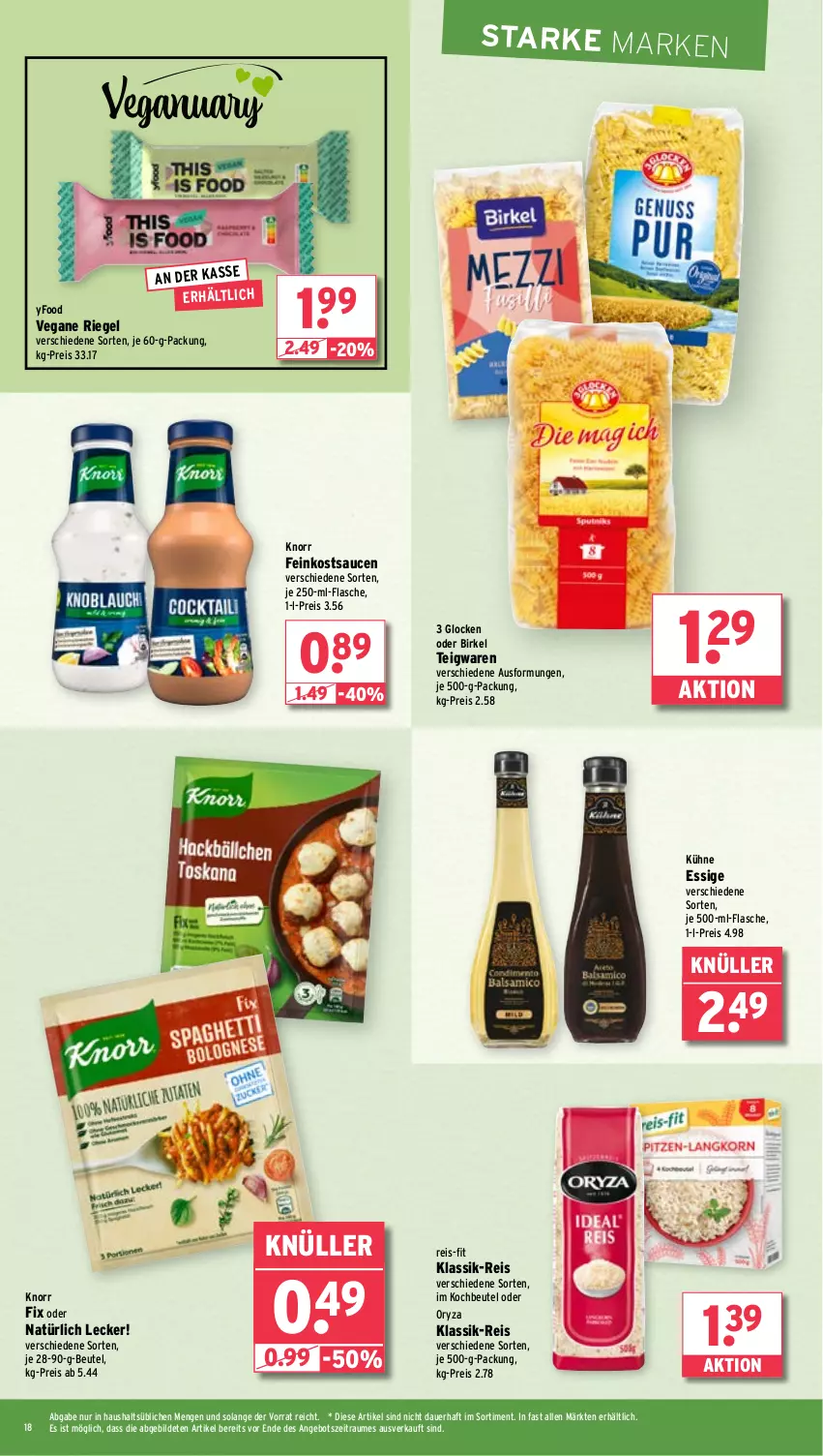 Aktueller Prospekt Wasgau - von 22.01 bis 27.01.2024 - strona 18 - produkty: angebot, auer, beutel, birkel, eis, essig, feinkost, flasche, je 500-ml-flasche, knorr, knorr fix, kochbeutel, Kühne, oryza, reis, reis-fit, riegel, sauce, saucen, teigwaren, Ti