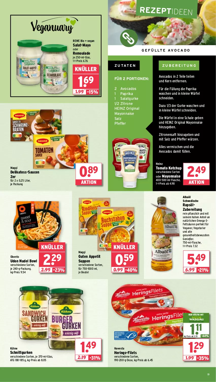 Aktueller Prospekt Wasgau - von 22.01 bis 27.01.2024 - strona 19 - produkty: avocado, avocados, beutel, bio, eis, filet, filets, flasche, Gesundheit, gin, gurke, gurken, hawesta, heinz, hering, Herings, ketchup, Kühne, leine, maggi, mayonnaise, nudel, omega, Omega-3, paprika, pfeffer, rapsöl, reis, remoulade, rewe bio, rezept, ring, saft, salat, Salatgurke, salz, sauce, saucen, Schal, Schale, suppe, suppen, Ti, tomato ketchup, Vegeta, würfel, Yo, zitrone, zitronen, zitronensaft