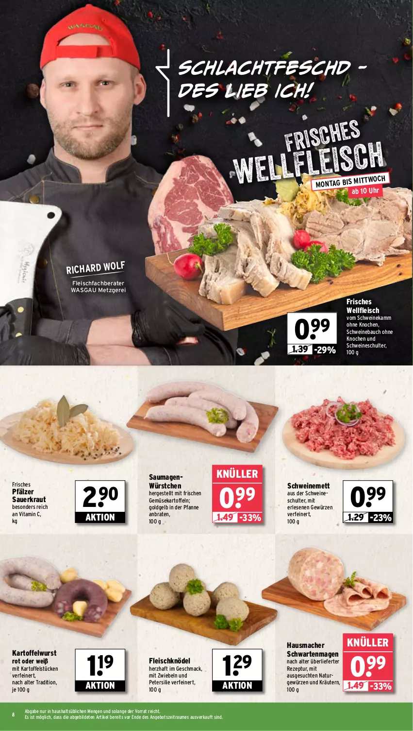 Aktueller Prospekt Wasgau - von 22.01 bis 27.01.2024 - strona 2 - produkty: angebot, auer, Bau, braten, eis, fleisch, Fleischknödel, gewürz, Hausmacher, kartoffel, kartoffeln, Knödel, Kraut, kräuter, kräutern, mac, Mett, mit zwiebeln, natur, petersilie, pfanne, rezept, Sauerkraut, Saumagen, schwein, schweine, Schweinebauch, schweinemett, Ti, uhr, vita, Vitamin C, wein, weine, wurst, würstchen, zwiebel, zwiebeln