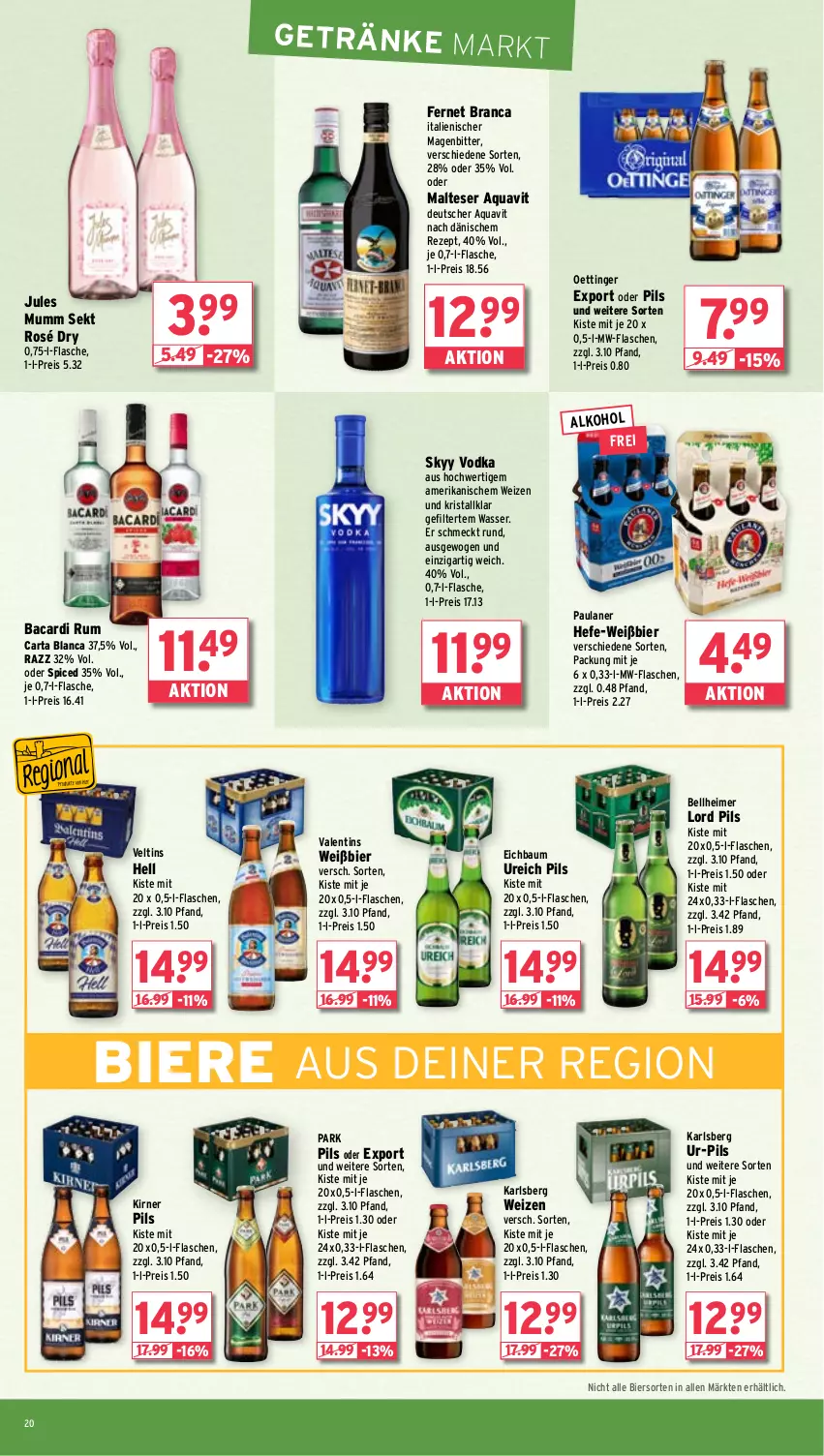 Aktueller Prospekt Wasgau - von 22.01 bis 27.01.2024 - strona 20 - produkty: alkohol, aqua, aquavit, bacardi, bacardi rum, Bau, bier, Biere, eimer, eis, Fernet, fernet branca, flasche, getränk, getränke, Hefe, jules mumm, karlsberg, malteser, mumm, mw-flasche, oettinger, Paula, paulaner, pils, reis, rezept, rum, sekt, skyy, Skyy Vodka, Ti, veltins, vodka, wasser