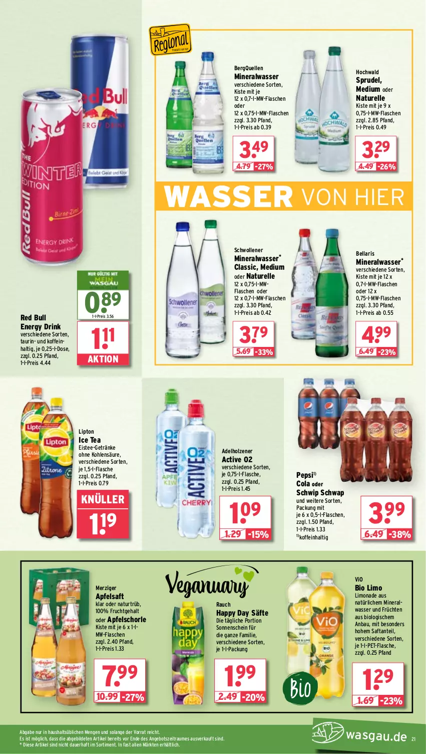 Aktueller Prospekt Wasgau - von 22.01 bis 27.01.2024 - strona 21 - produkty: adelholzener, Alwa, angebot, apfel, apfelsaft, Apfelschorle, auer, Bau, bio, bio limo, cola, drink, eis, eistee, elle, energy drink, flasche, frucht, früchte, früchten, getränk, getränke, Happy Day, hochwald, Holz, ice tea, limo, limonade, lipton, lipton ice tea, mineralwasser, mw-flasche, natur, pepsi, pet-flasche, Rauch, red bull, reis, rel, saft, säfte, schorle, Schwip Schwap, Sprudel, tee, Ti, vio bio limo, wasser, wolle