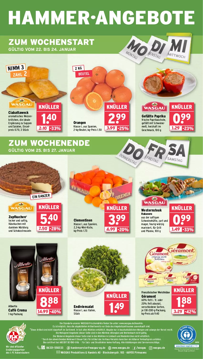 Aktueller Prospekt Wasgau - von 22.01 bis 27.01.2024 - strona 28 - produkty: angebot, angebote, auer, beutel, bio, Brei, brötchen, caffè crema, ciabatta, clementinen, drucker, eis, elle, Engel, französischer weichkäse, für grill und pfanne, géramont, grill, grill und pfanne, Kaiser, Käse, käsekuchen, kerze, kuchen, mac, Mett, Mürbteig, nero, orange, orangen, paprika, pfanne, reis, rwe, saft, salat, salate, schoko, schwein, schweine, schweinemett, steak, suppe, suppen, Ti, tisch, und pfanne, weck, weichkäse, wein, weine, weizenbrötchen, Weste