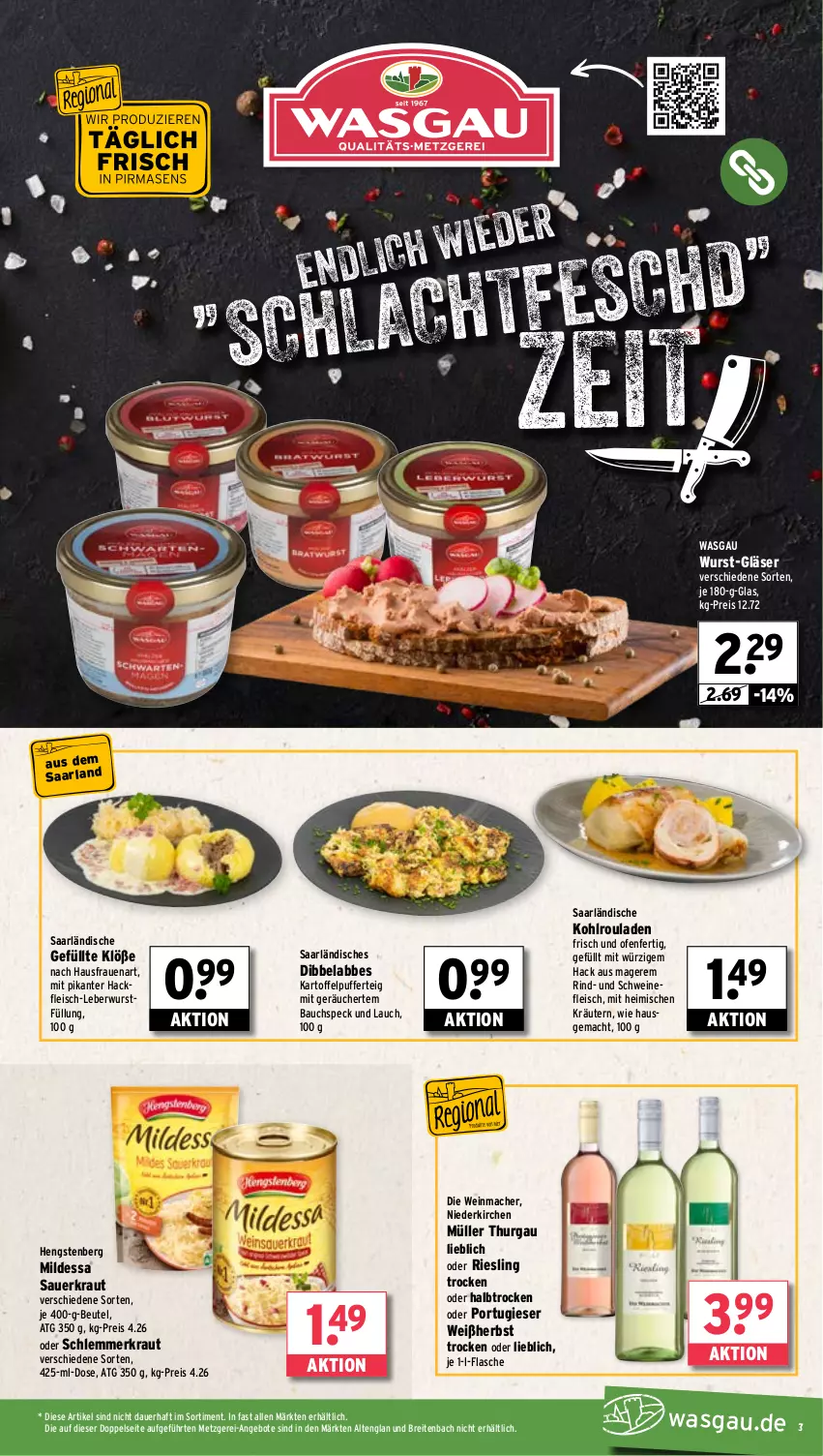 Aktueller Prospekt Wasgau - von 22.01 bis 27.01.2024 - strona 3 - produkty: angebot, angebote, arla, auer, Bau, beutel, Brei, eis, flasche, fleisch, Gläser, hackfleisch, hengstenberg, kartoffel, kartoffelpuffer, Kohlrouladen, Kraut, kräuter, kräutern, leberwurst, mac, Müller, Ofen, reis, riesling, rind, rouladen, Sauerkraut, schwein, schweine, schweinefleisch, Speck, Ti, wein, weine, wurst