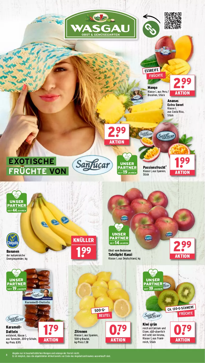 Aktueller Prospekt Wasgau - von 22.01 bis 27.01.2024 - strona 8 - produkty: ananas, angebot, banane, bananen, beutel, Calcium, Datteln, eis, frucht, früchte, karamell, kiwi, mango, obst, passionsfrucht, reis, Schal, Schale, tafeläpfel, Ti, tisch, zitrone, zitronen