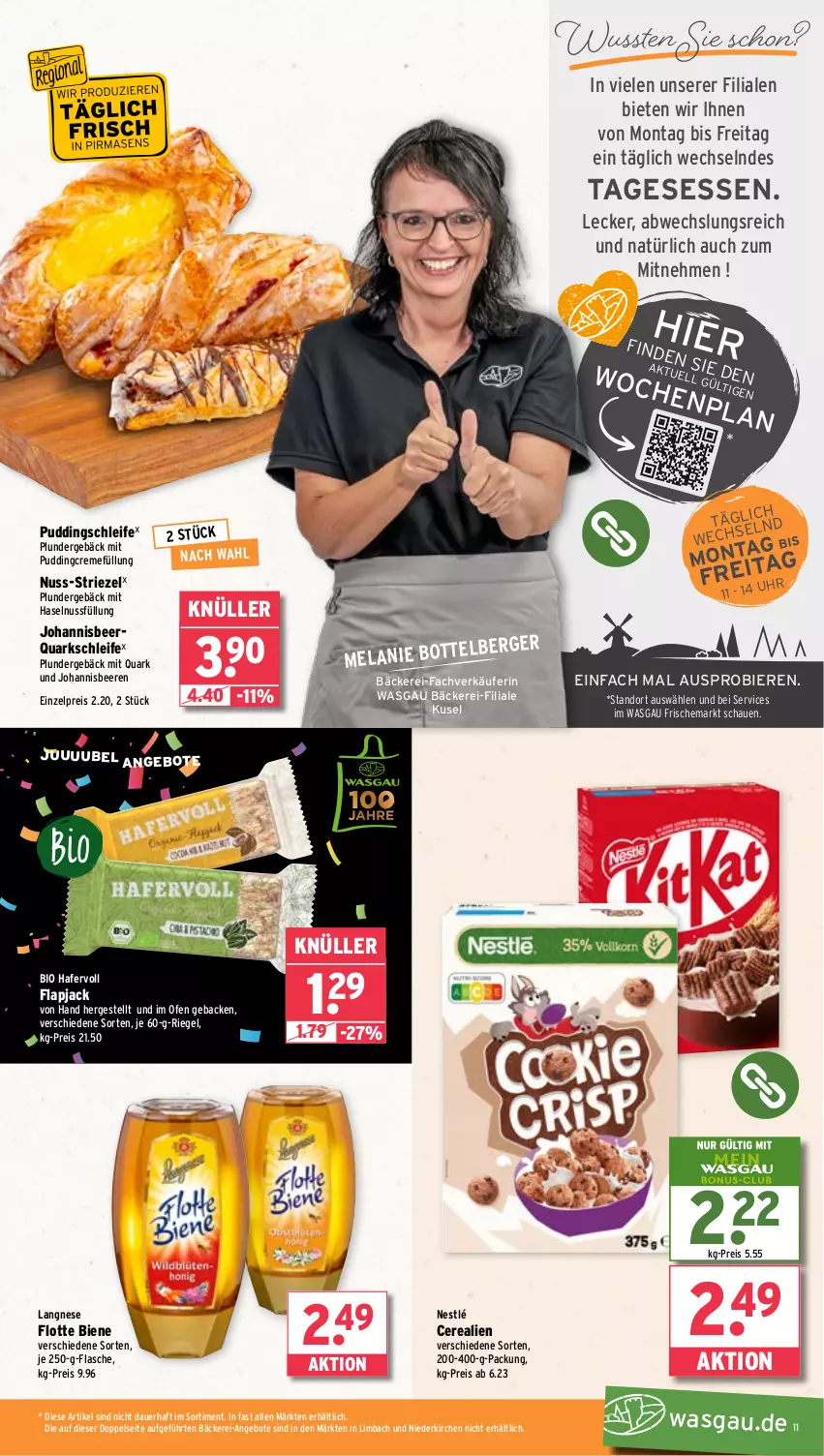 Aktueller Prospekt Wasgau - von 12.05 bis 17.05.2025 - strona 11 - produkty: angebot, angebote, auer, beere, beeren, Berger, bier, Biere, bio, cerealien, creme, eis, Elan, flasche, geback, hafer, haselnuss, johannisbeere, Johannisbeeren, langnese, nestlé, nuss, Ofen, Plunder, pudding, quark, reis, riegel, Ti