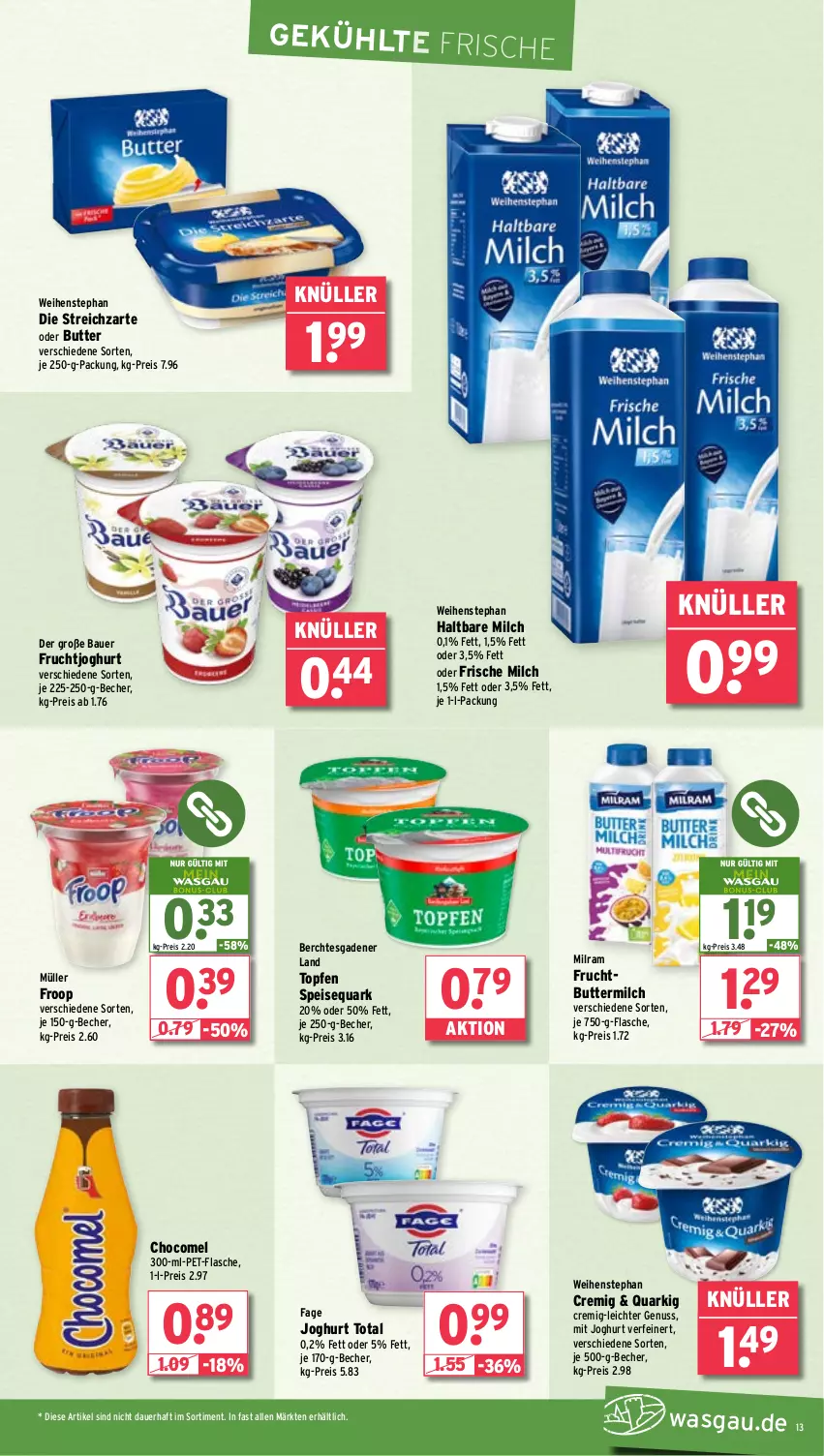 Aktueller Prospekt Wasgau - von 12.05 bis 17.05.2025 - strona 13 - produkty: auer, Bau, Bauer, Becher, butter, buttermilch, eis, flasche, frische milch, froop, frucht, fruchtjoghurt, haltbare milch, je 250-g-packung, joghur, joghurt, milch, milram, Müller, müller froop, nuss, pet-flasche, quark, Quarki, reis, speisequark, Streichzart, Ti, topf, Topfen, weihenstephan