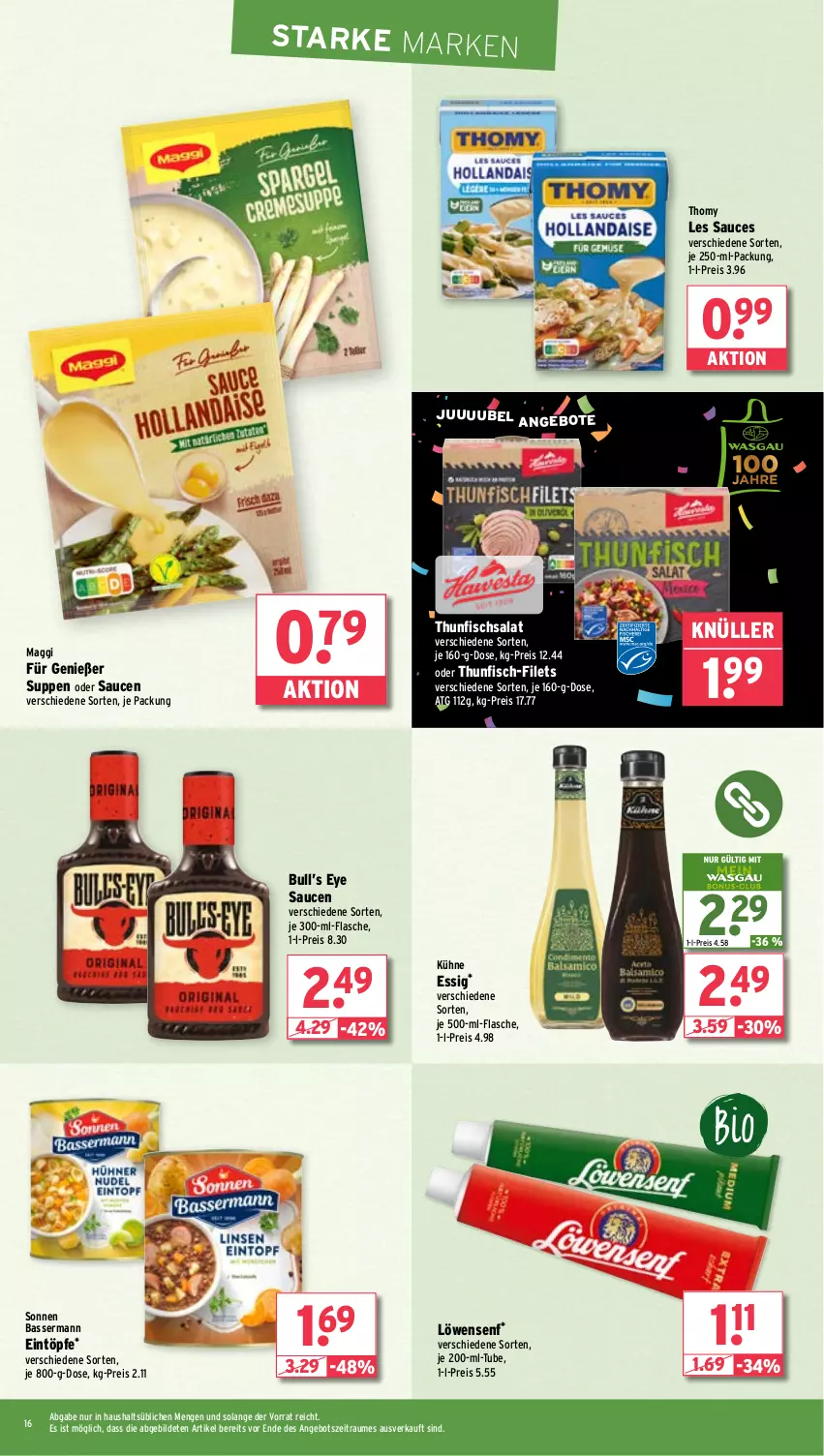 Aktueller Prospekt Wasgau - von 12.05 bis 17.05.2025 - strona 16 - produkty: angebot, angebote, eintöpfe, eis, essig, filet, filets, fisch, flasche, je 500-ml-flasche, Kühne, löwensenf, maggi, reis, salat, sauce, saucen, senf, suppe, suppen, thomy, thomy les sauces, thunfisch, Thunfischsalat, Ti