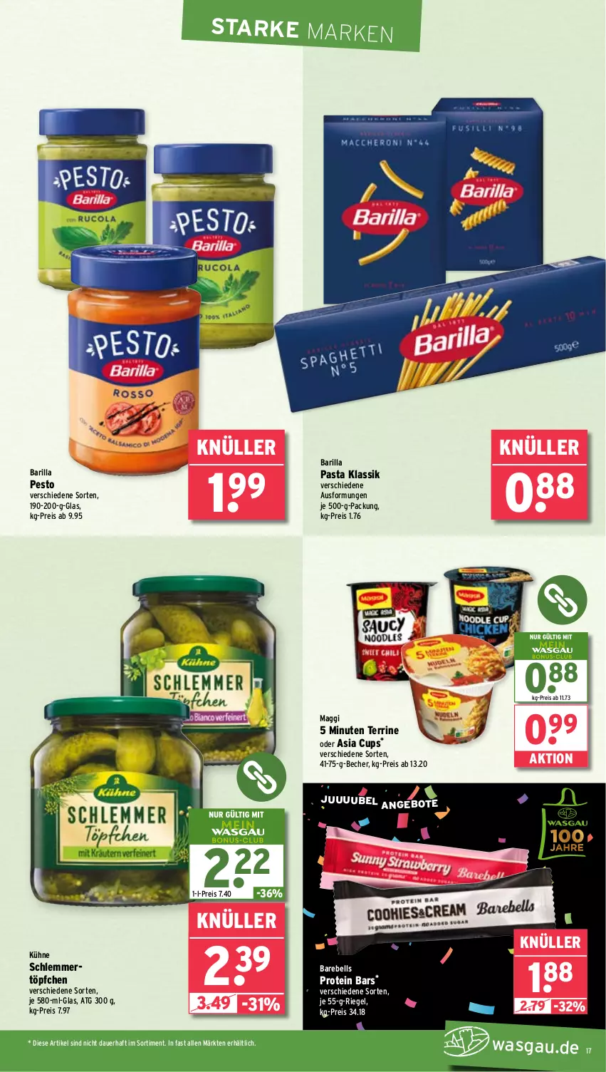 Aktueller Prospekt Wasgau - von 12.05 bis 17.05.2025 - strona 17 - produkty: angebot, angebote, auer, barilla, Becher, eis, Kühne, maggi, pasta, pesto, rebell, reis, riegel, schlemmertöpfchen, terrine, Ti, Töpfchen